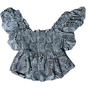 CINQ A SEPT ANABELIS RUFFLE SLEEVE BLUE PRINT SMOCKED BLOUSE SZ S